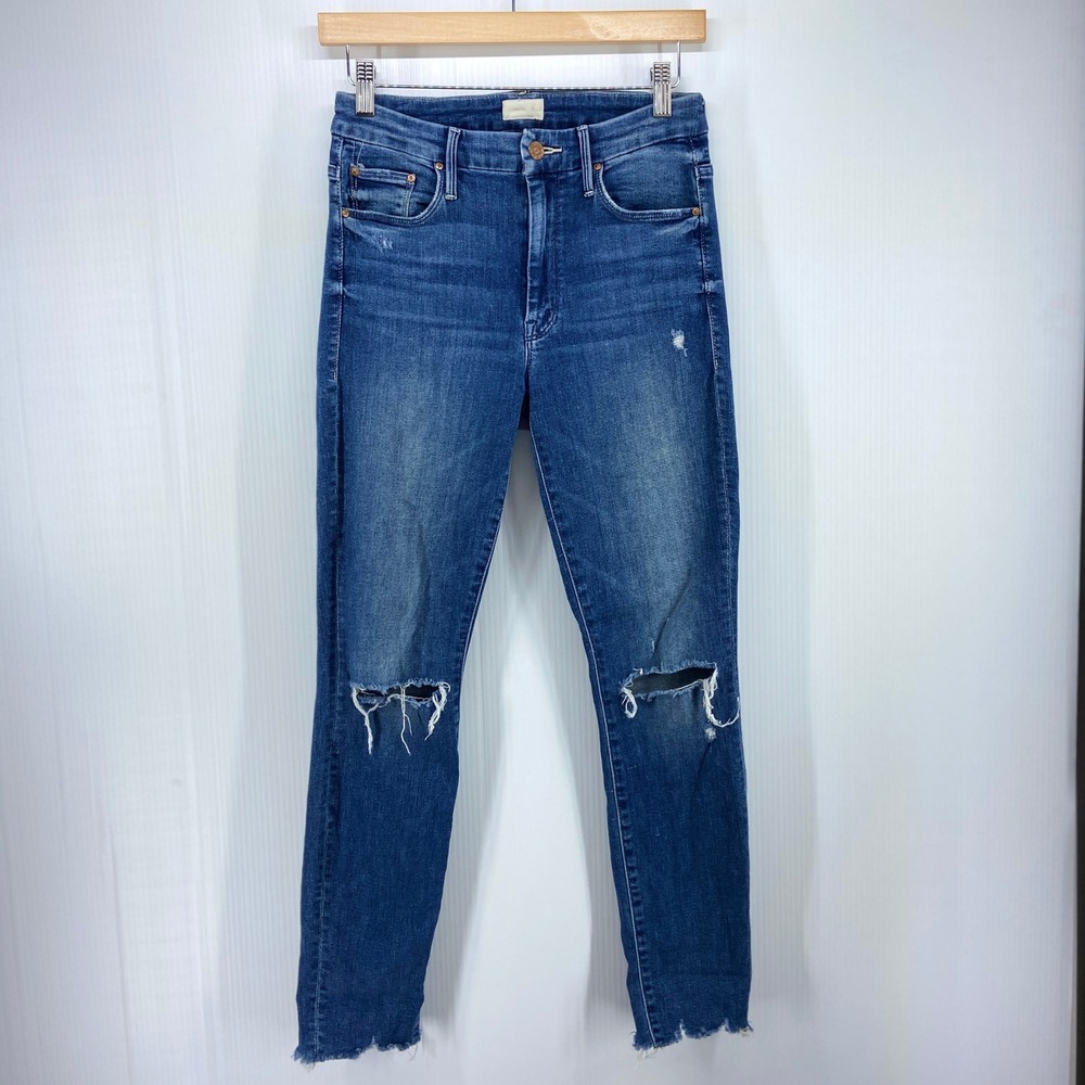 Mother High Waisted Looker Ankle Fray Jeans Get Your Groove Back Blue Womens 26
